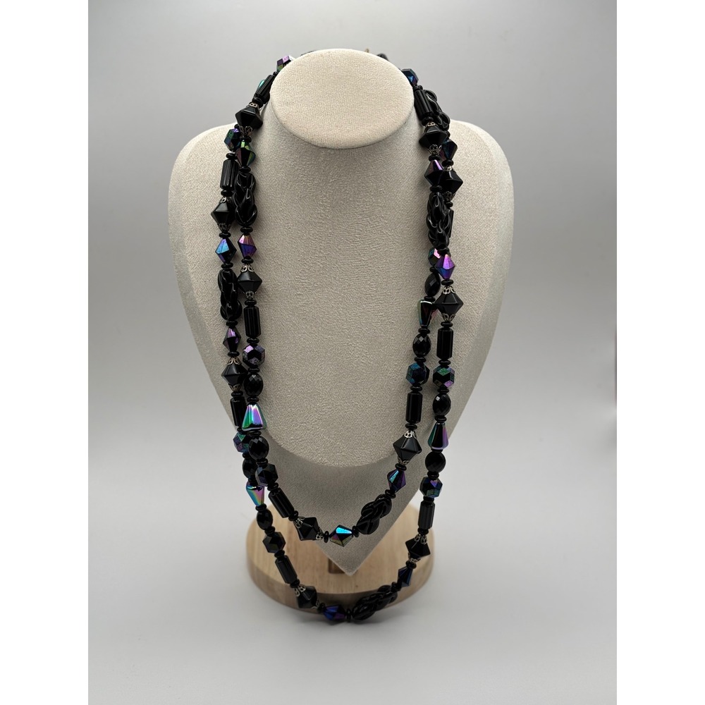 VTG Judy-Lee Signed Black Glass AB Necklace Faceted Crystal Beads Collector